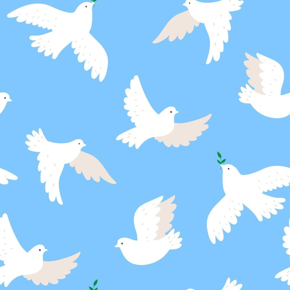 Seamless pattern with doves on a blue background. Vector graphics.