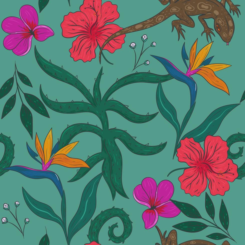 Seamless pattern with lizard and tropical plants. Vector graphics.