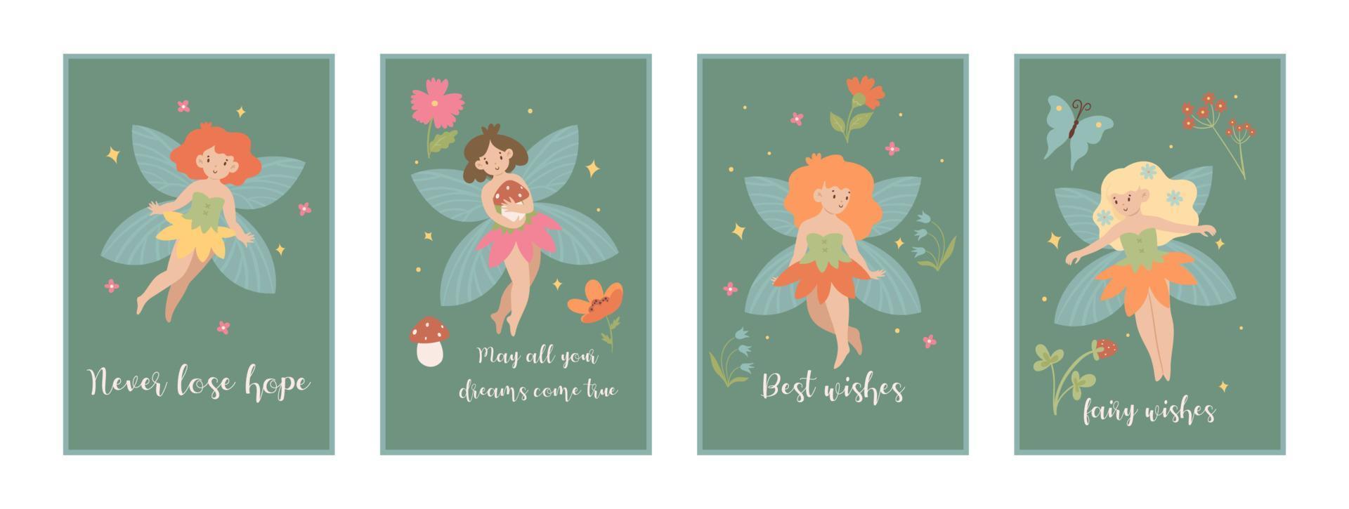 A set of cards with cute fairies. Vector graphics.
