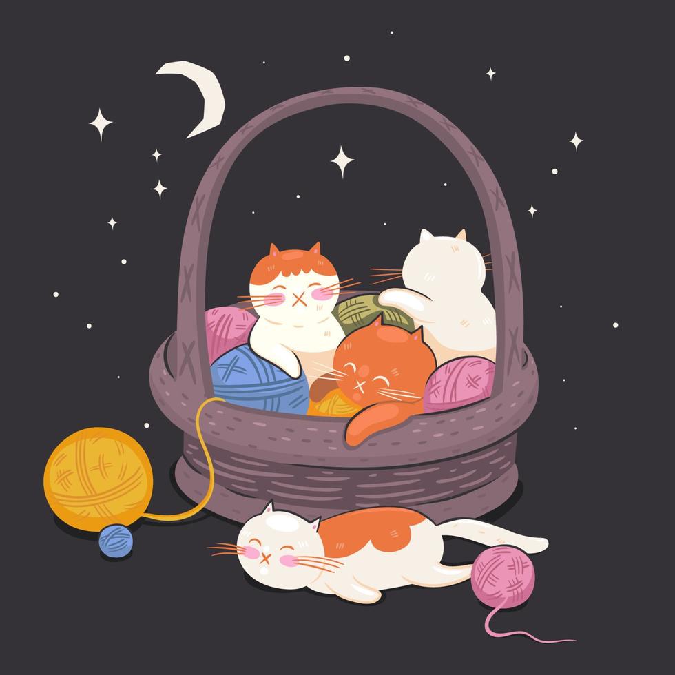 Kittens sleep in a basket with balls of threads. Vector graphics.