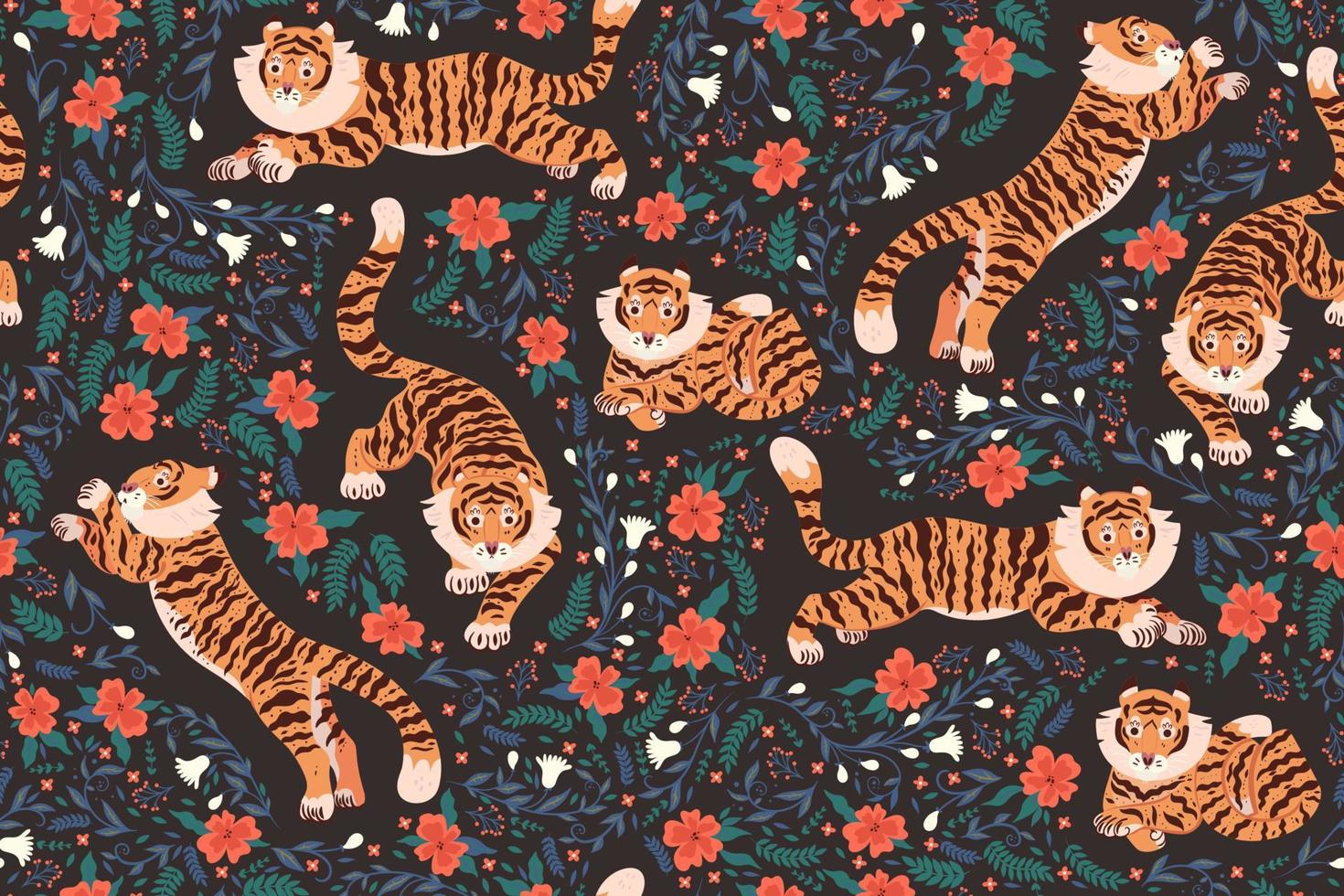 Seamless pattern with tigers and flowers. Vector graphics.