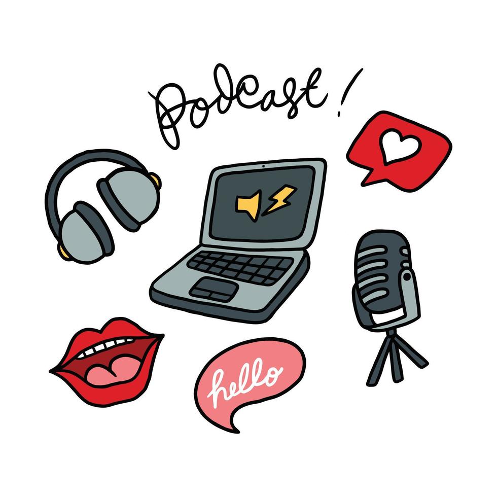 a collection of broadcasting tools in hand drawn design. cute podcast icon illustration vector