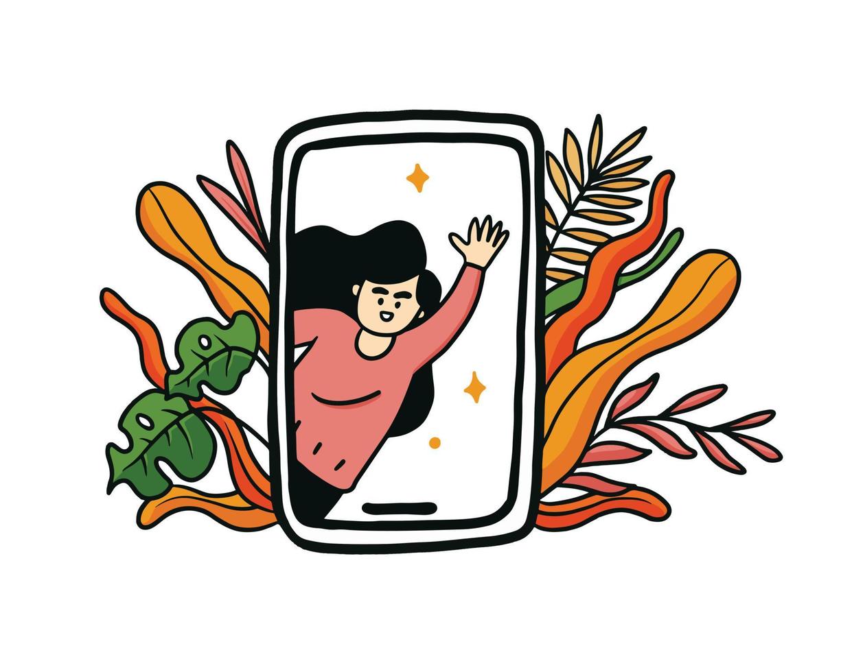 las mujeres salen del teléfono inteligente con el telón de fondo de hojas y flores. ilustración de una industria de nueva creación favorable a las mujeres vector