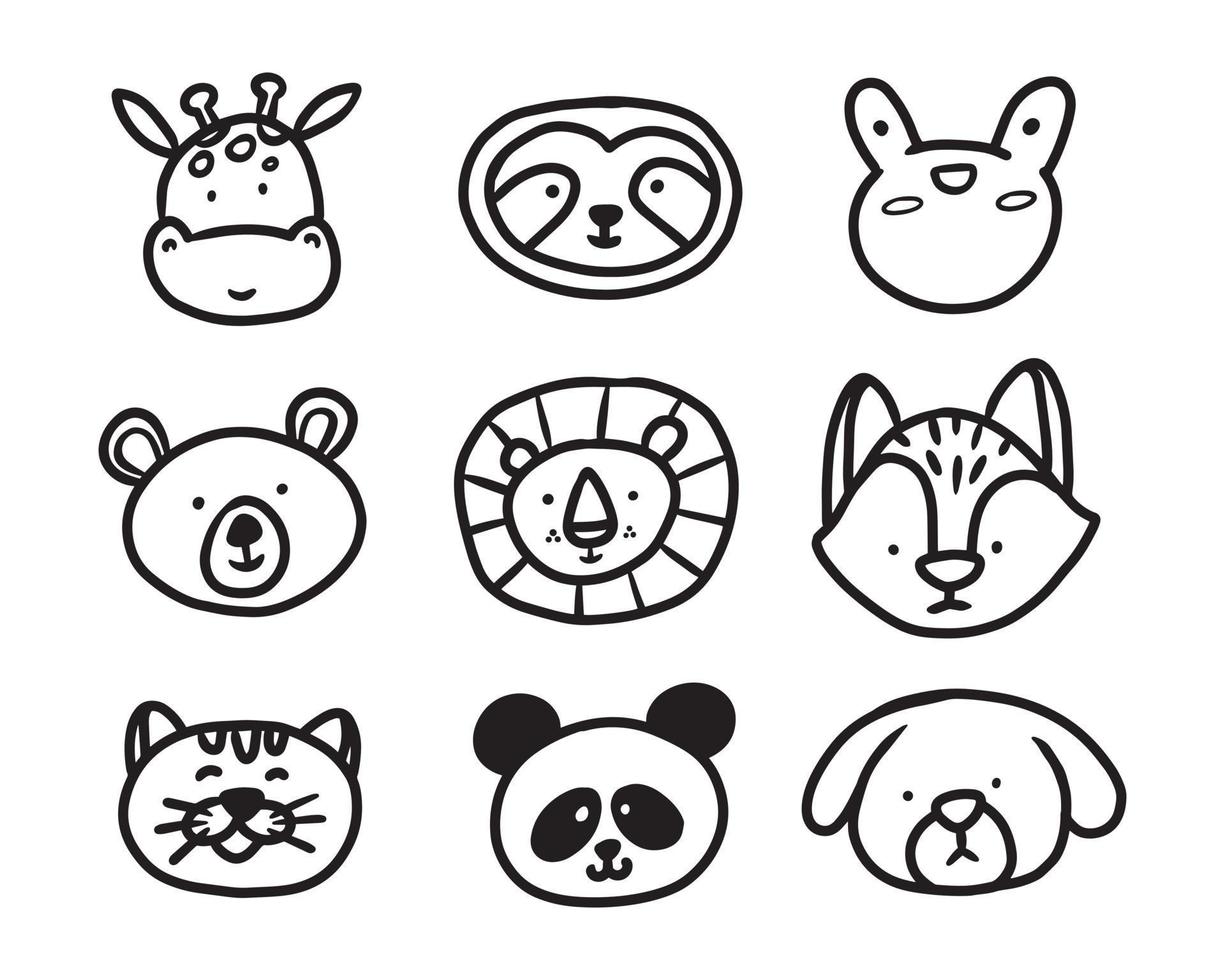 Collection of cute animals head in hand drawn illustration. vector