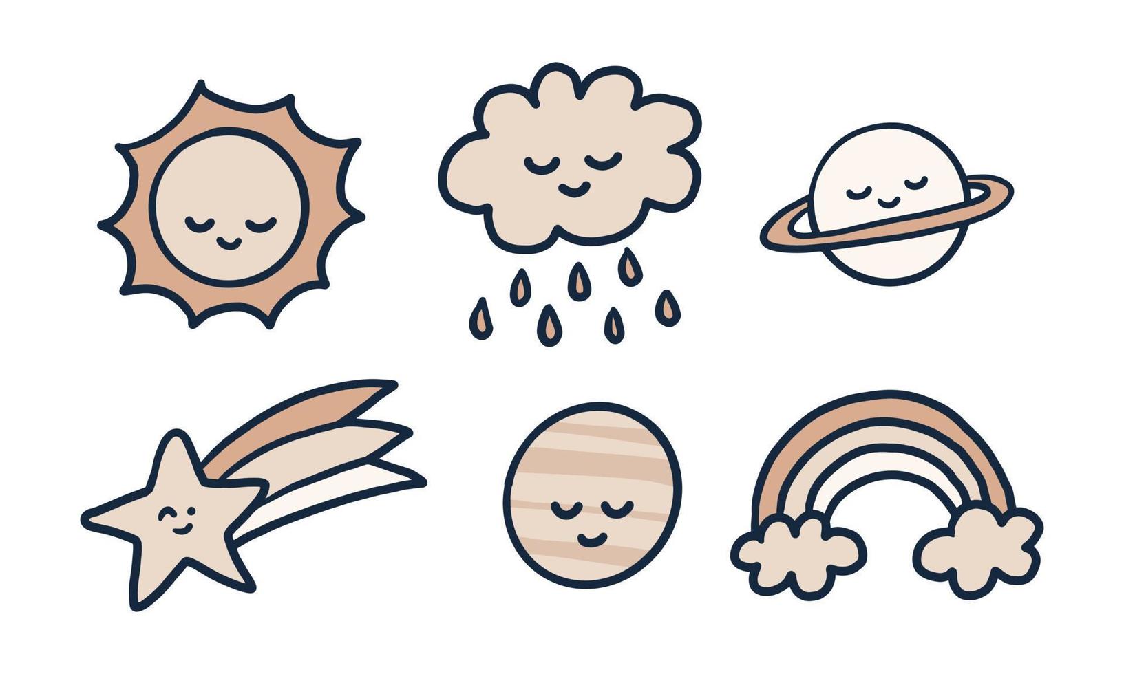 cute weather character illustrations hand drawn in pastel colors vector