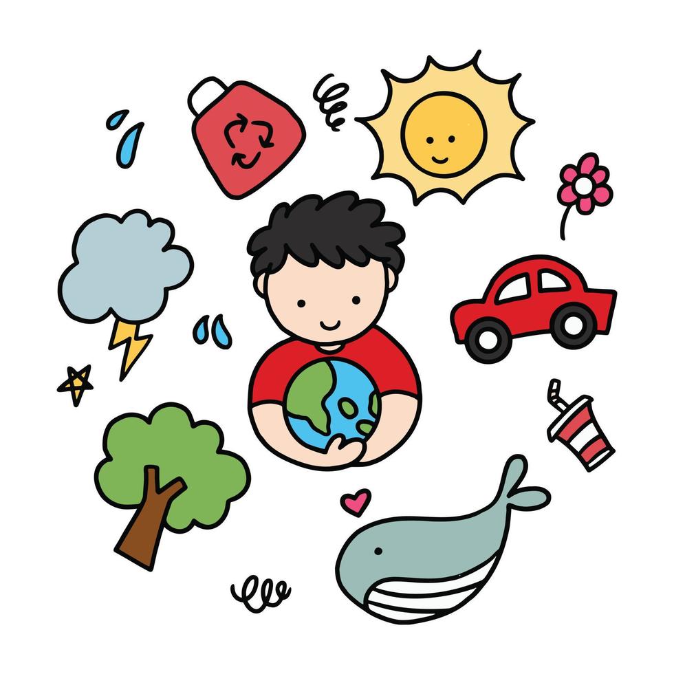 the boy hugged the globe of the earth hand drawn design. illustrations for international Earth Day vector