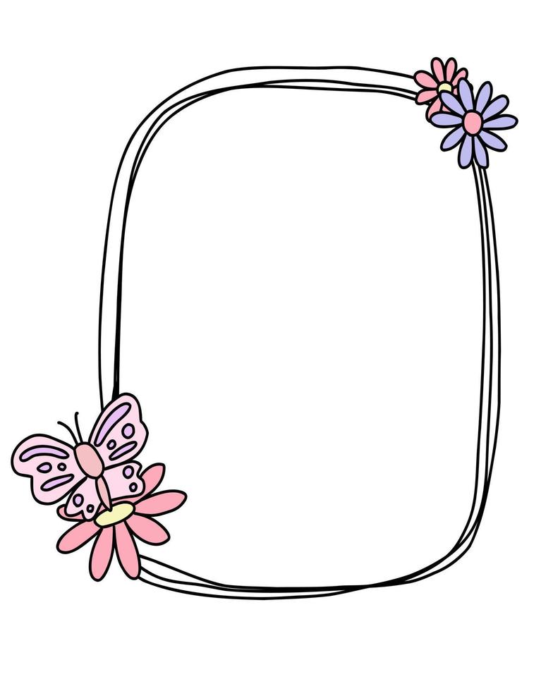 garabatear un cuadro dibujado a mano. línea cuadrada con flores, mariposas para boda, feliz cumpleaños aislado. vector