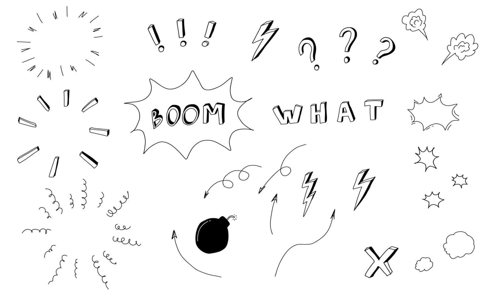 Doodle arrows, stars, skull, text. Sketch set cute isolated line collection. vector