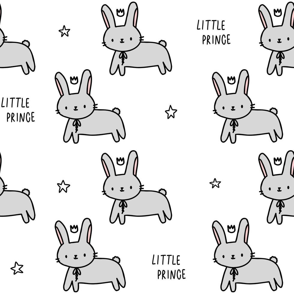 Cute pattern with rabbit, stars, crown line doodle. Seamless background bunny. Textiles for children. Minimalism paper scrapbook for kids. vector