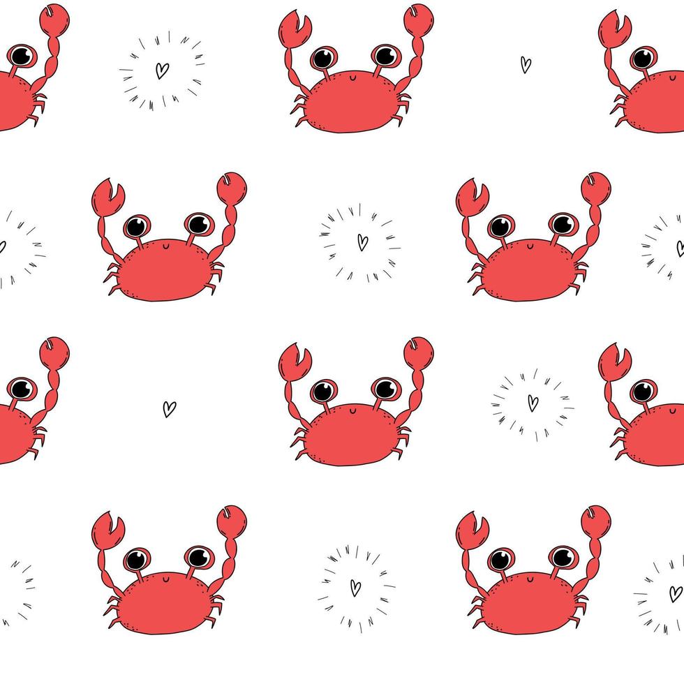 Cute crab pattern line doodle hearts. Seamless background. Textile summer for children. Minimalism paper scrapbook for baby. vector