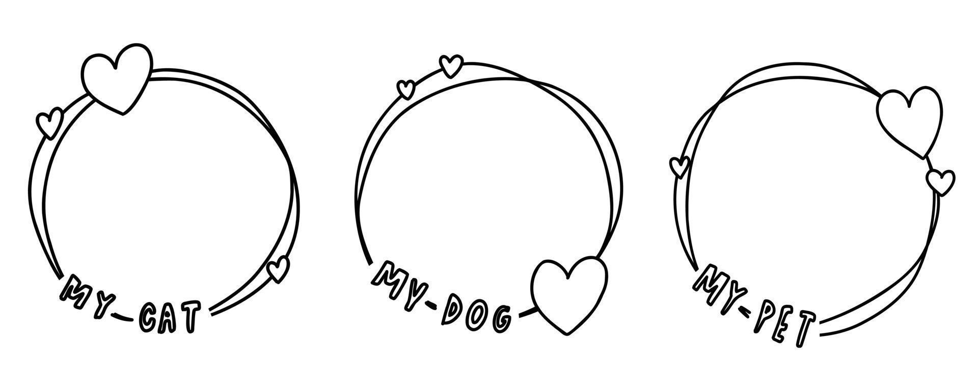 Cute abstract doodle isolated I love my pets frames set paws, hearts hand drawn. For dog, cat, bunny line collection. vector