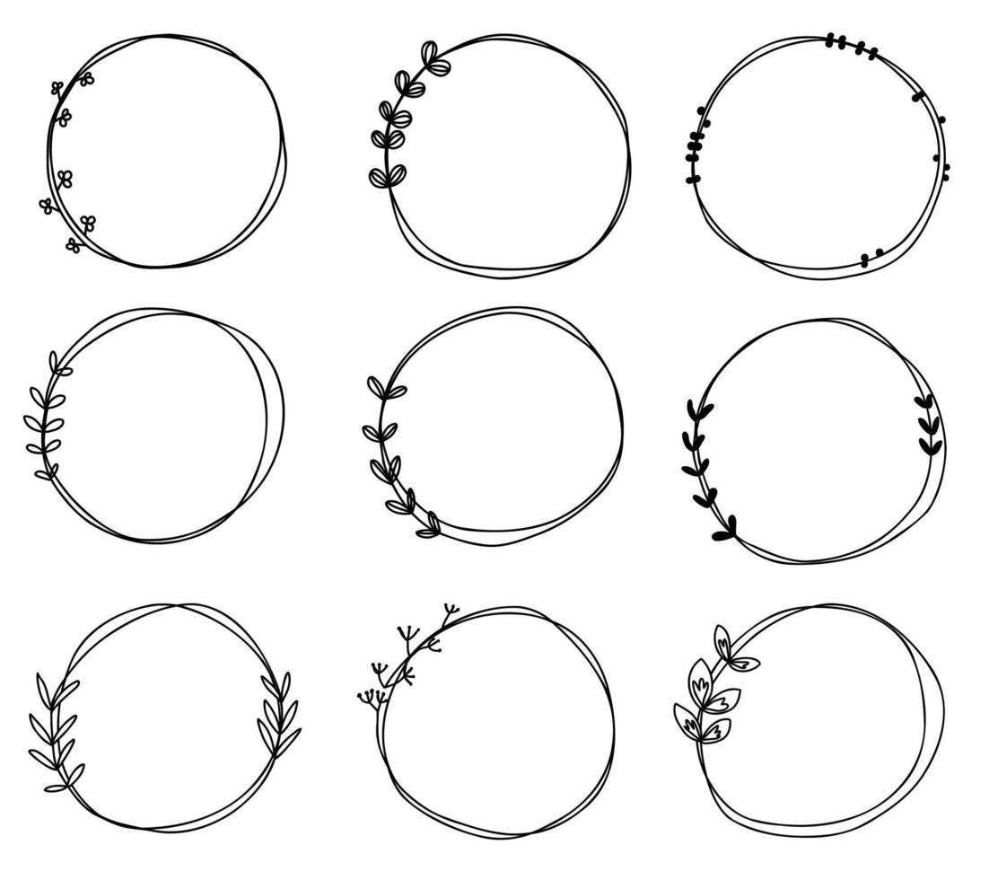 Doodle isolated frames collection hand drawn. Cute round lines with leaves. For wedding, Valentine's day, plants. vector