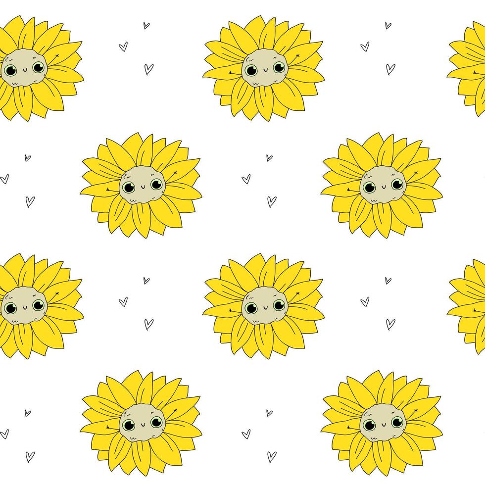 Cute white pattern with doodle sunflowers fabric. Seamless background line hearts. Minimalism paper scrapbook. vector