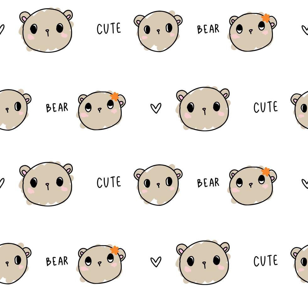 Cute pastel brown bear white pattern with hearts, flowers doodle. Hand drawn seamless paper with forest animals for baby. vector