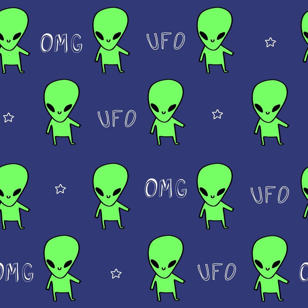 Cute pattern with friens aliens, stars, ufo in space. Dark blue paper for scrapbooking doodle cosmos. vector