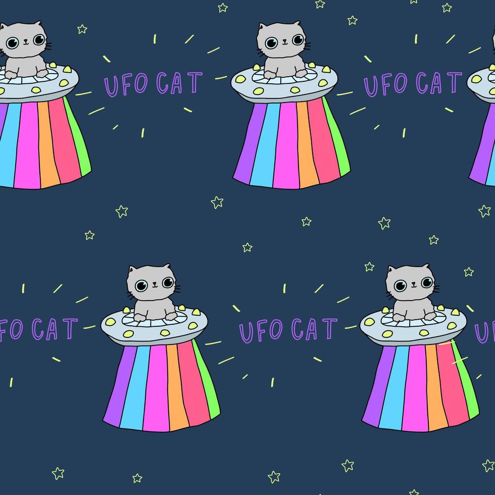 Cute dark blue pattern with stars ufo cats text. Pets seamless background. Textiles for children Digital paper scrapbook. vector