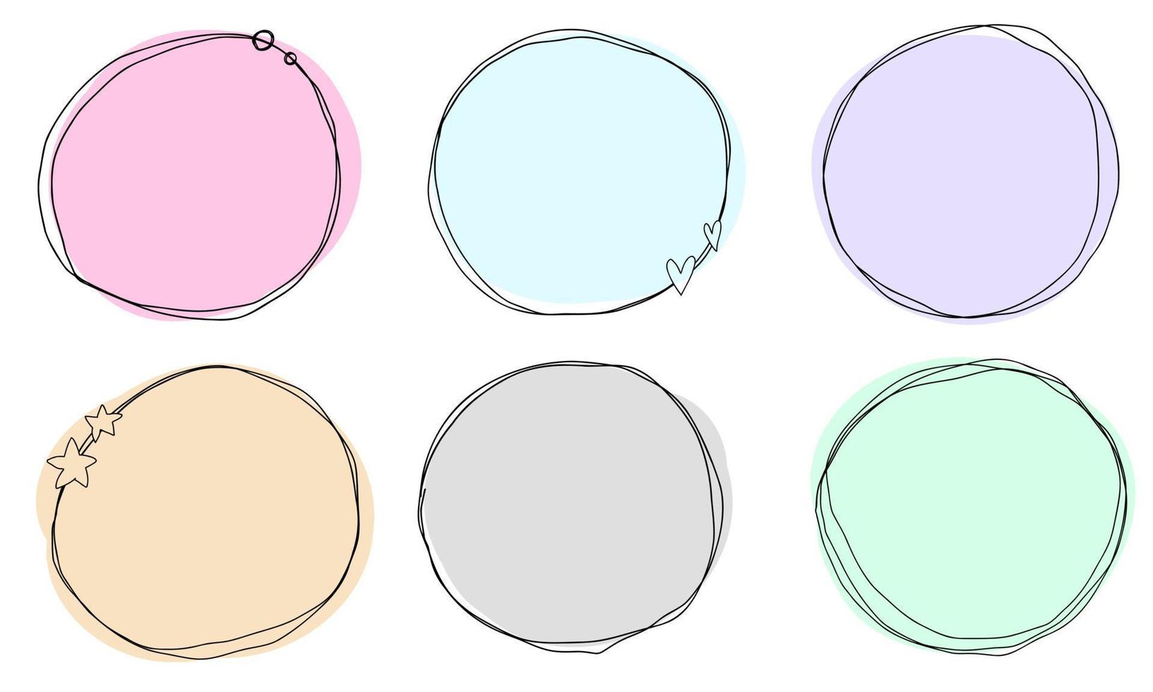 Abstract doodle black frames pastel set hand drawn. Cute round lines with circles, hearts, stars collection. vector