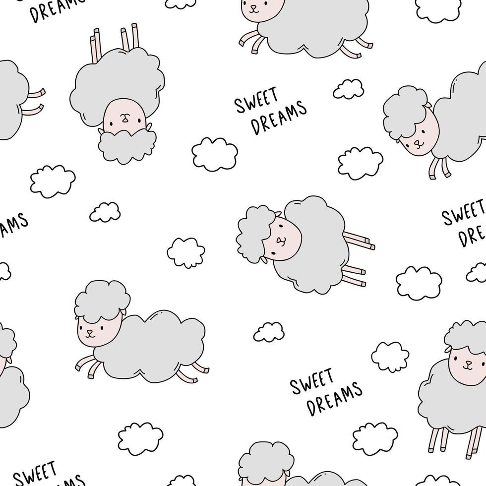 Cute white pattern line doodle sheep, sweet dreams. Seamless background. Textile farm for children. Minimalism paper scrapbook for baby. vector