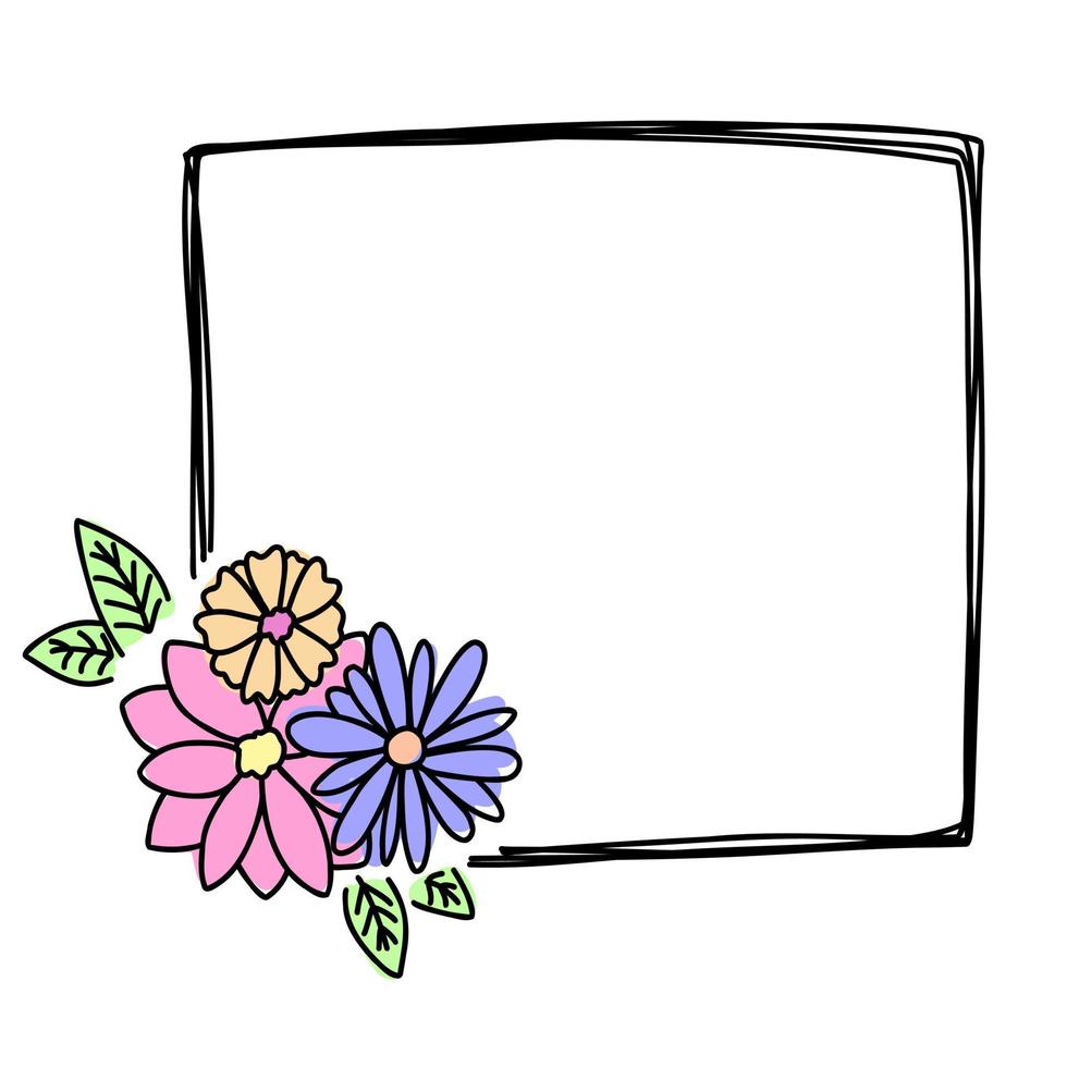 Doodle one frame hand drawn. Square line with pink flowers for wedding, happy birthday, kids isolated. vector