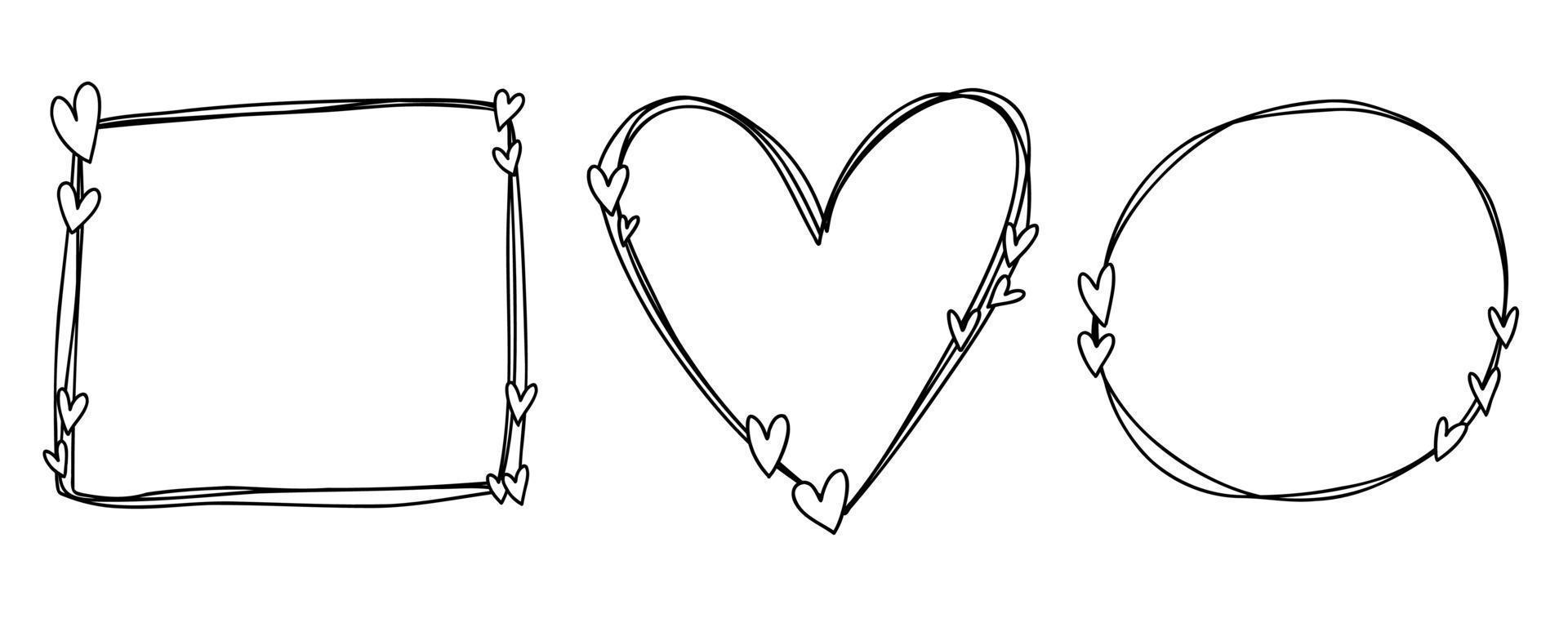 Cute doodle hearts frames with love for a wedding invitation. Line illustrations hand drawn collection. vector