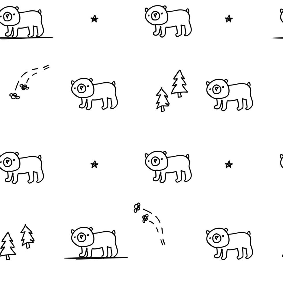 Cute bear white pattern with tree, bee doodle. Hand drawn seamless paper with forest animals. vector