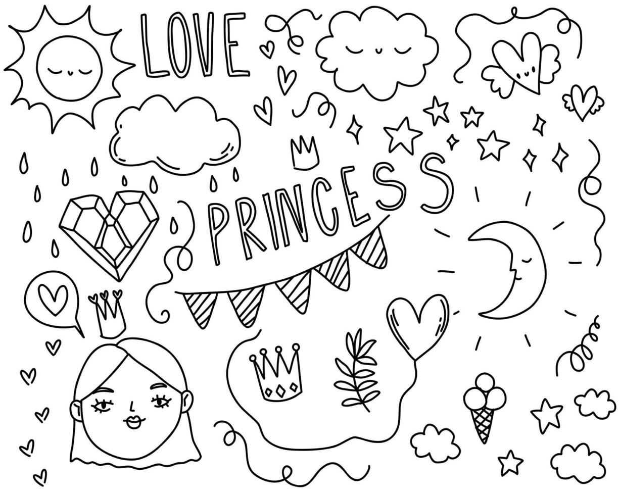 Doodle line princess cute elements. Sketch set scribble isolated line collection. vector