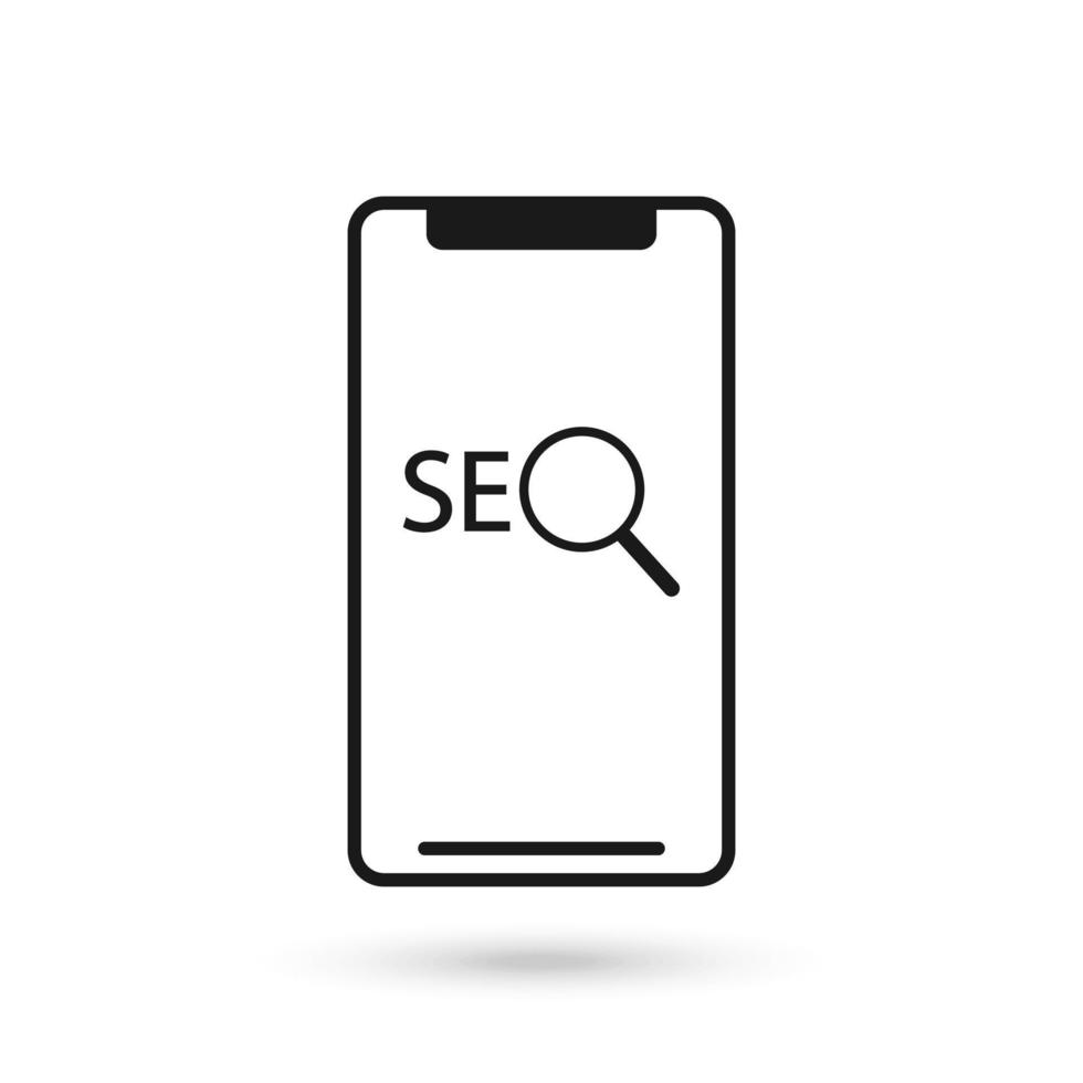 icono de diseño plano de teléfono móvil con seo, signo de algoritmo de optimización de motor de búsqueda. vector