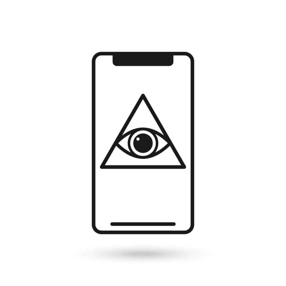 Mobile phone flat design icon with All Seeing Eye Pyramid symbol vector