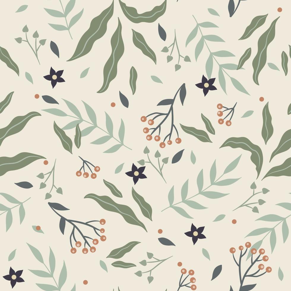Seamless pattern with leaves and flowers. Vector graphics.