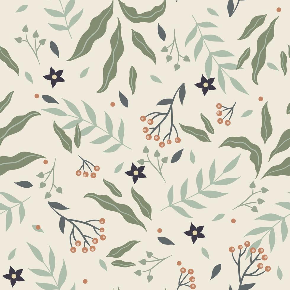 Seamless pattern with leaves and flowers. Vector graphics.