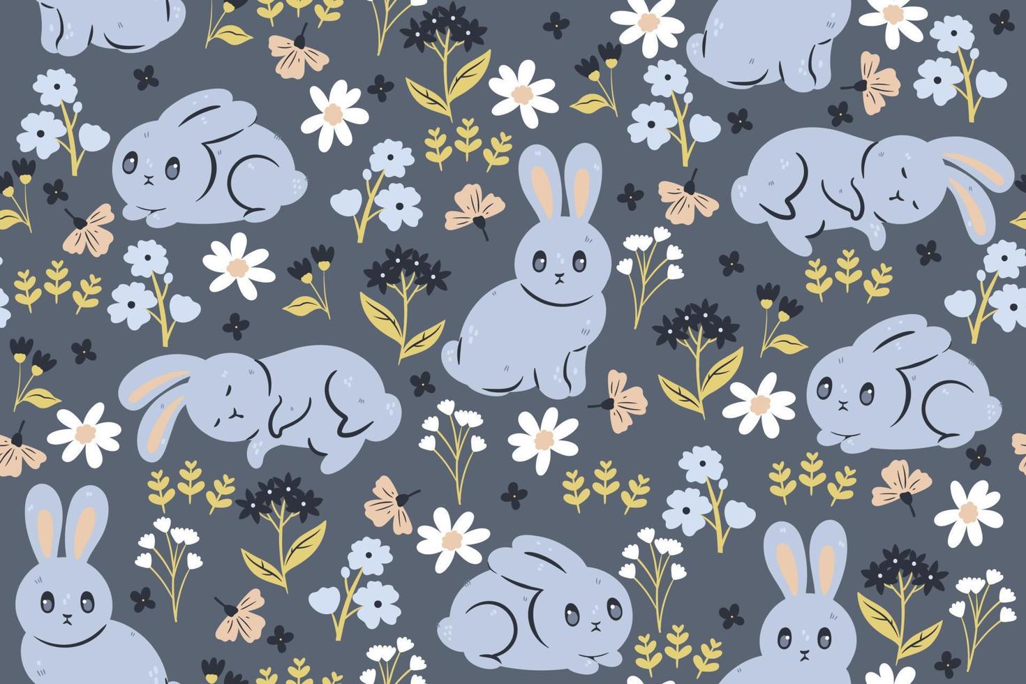 Seamless pattern with cute rabbits and flowers.Vector graphics. vector