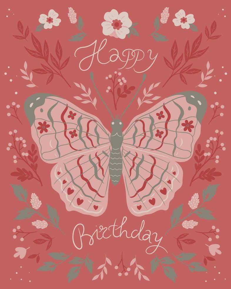 tarjeta de cumpleaños con flores y mariposas. vector