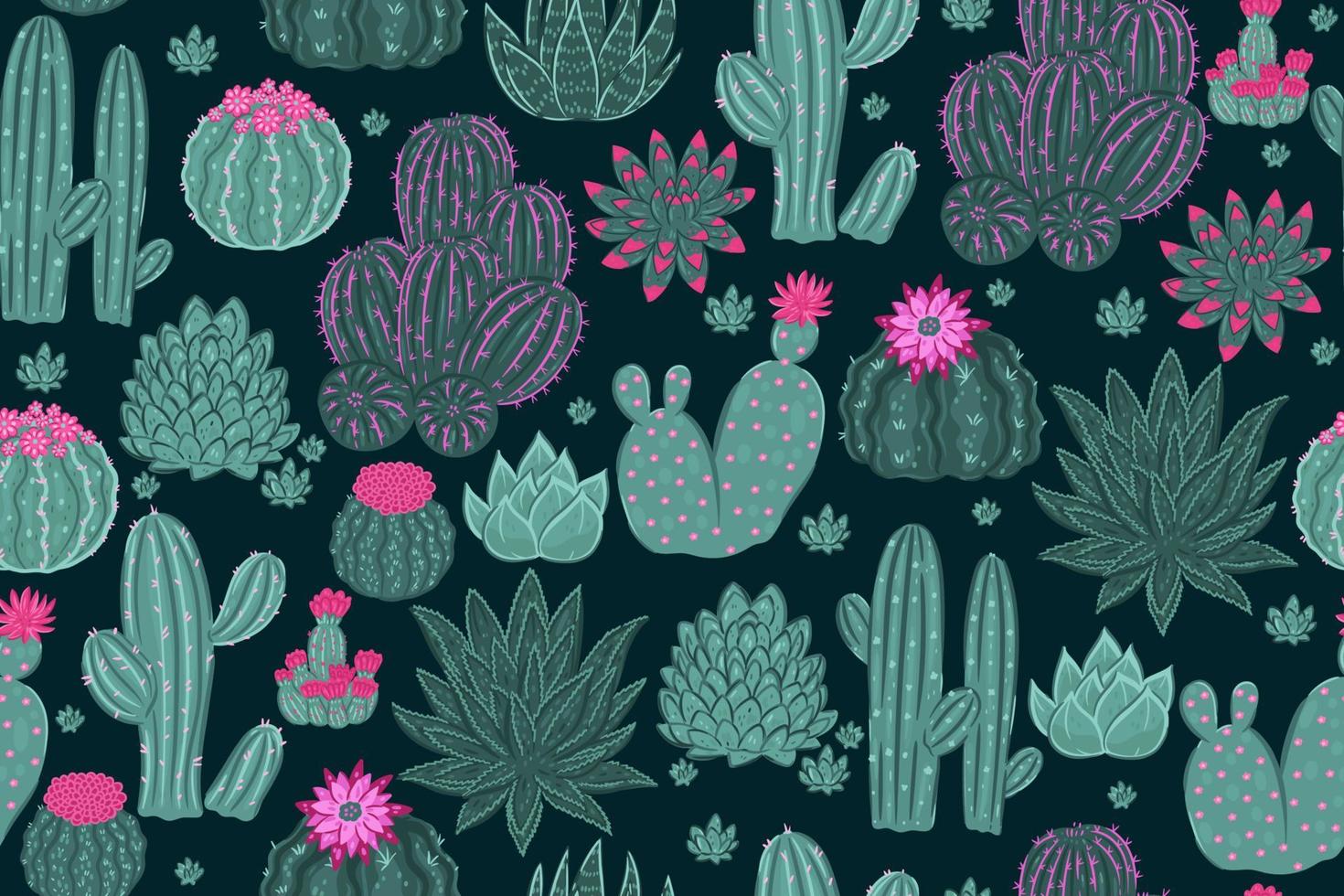 Seamless pattern with different types of cacti. vector