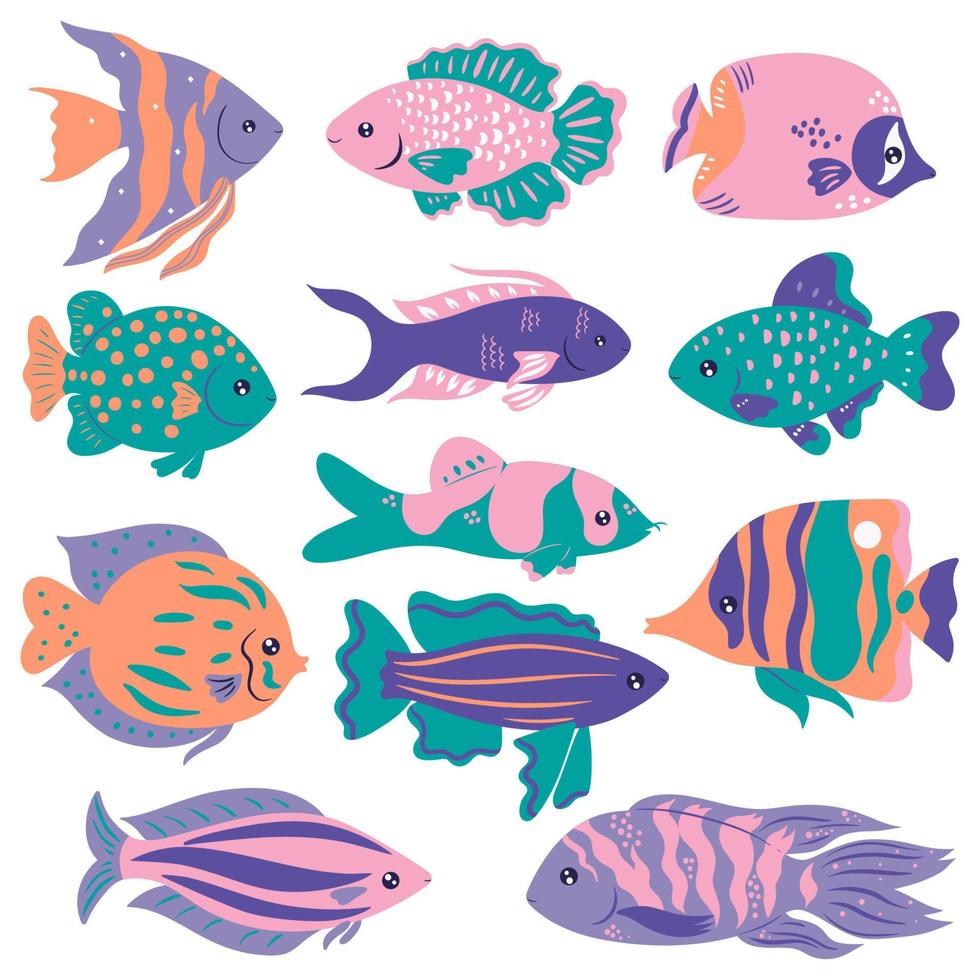 Set of cute oceanic fish isolated on a white background. Vector graphics