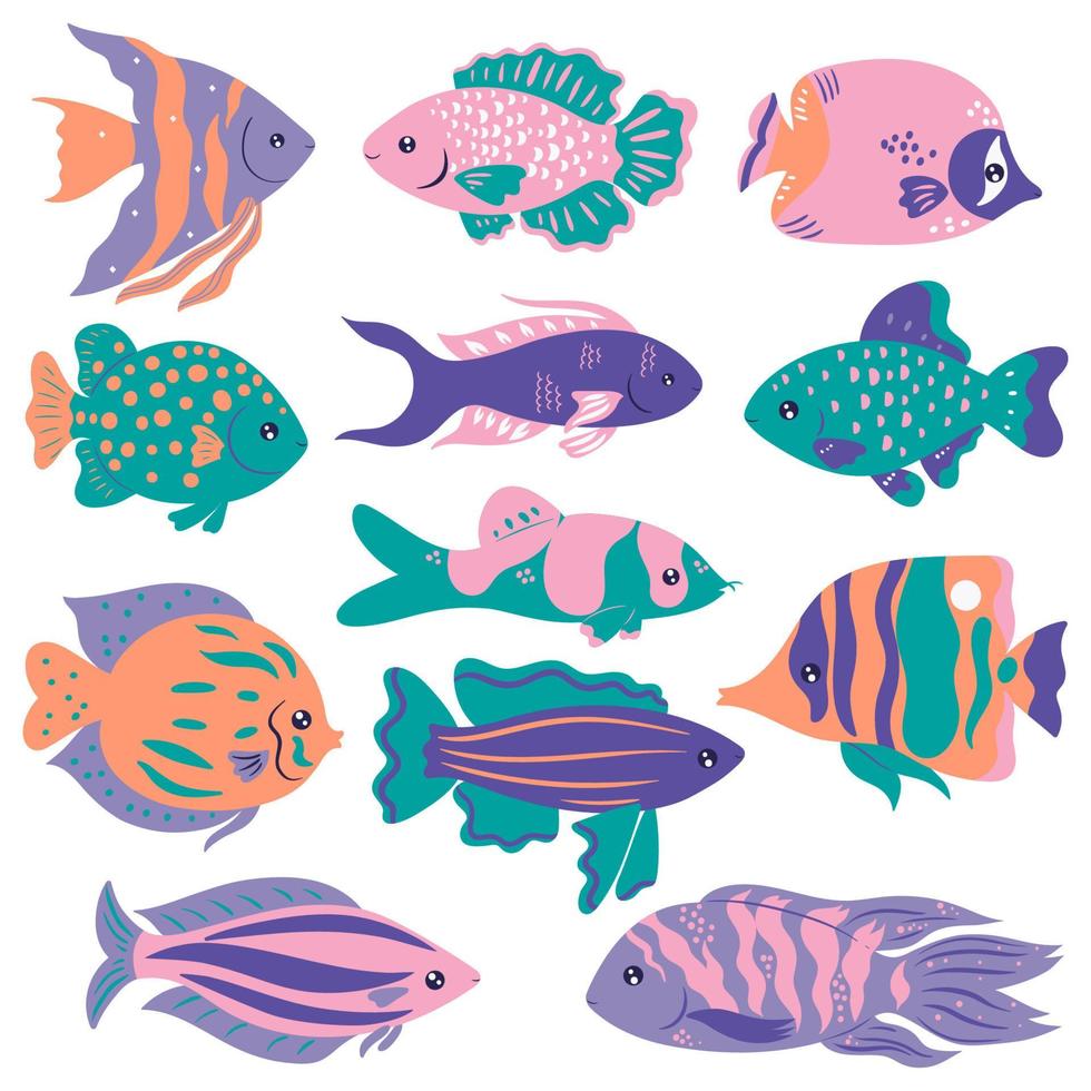 conjunto de lindos peces oceánicos aislados en un fondo blanco. gráficos vectoriales vector