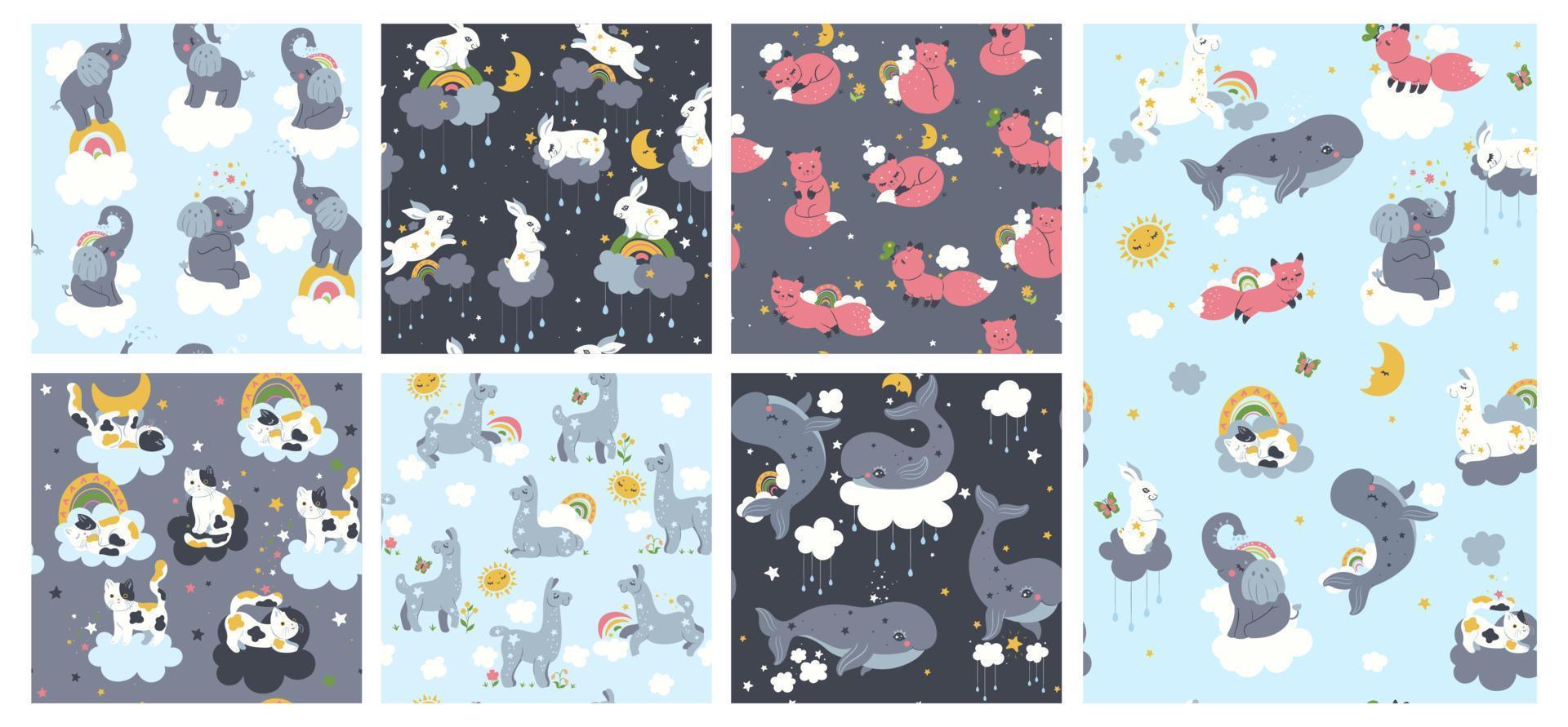 Set of seamless patterns for nursery with cute animals. Vector graphics.