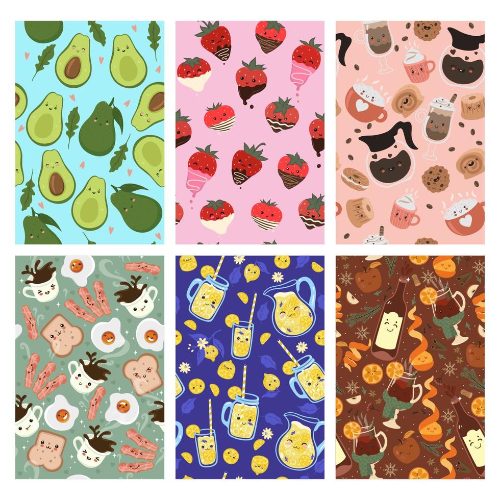 Set of seamless patterns with cute kawaii food. Vector graphics