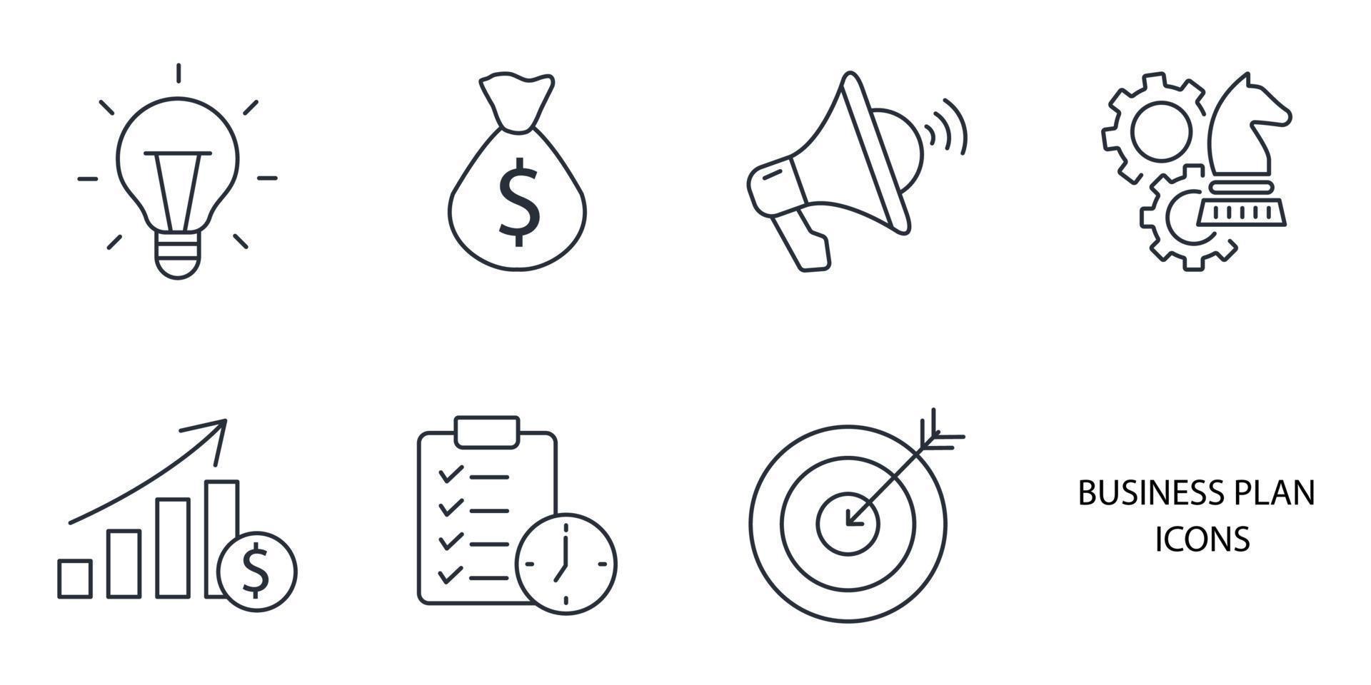 conjunto de iconos de plan de negocios. elementos de vector de símbolo de paquete de plan de negocios para web de infografía