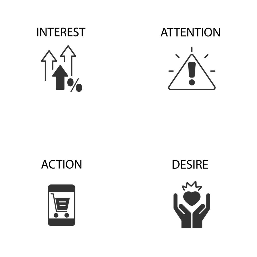 aida acronym of attention interest desire action business word with icons set . aida acronym of attention interest desire action business word with pack symbol vector elements for infographic web