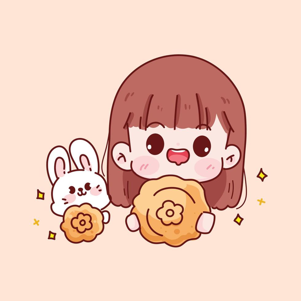 Cute kid girl and rabbit holding mooncakes hand drawn cartoon character illustration vector