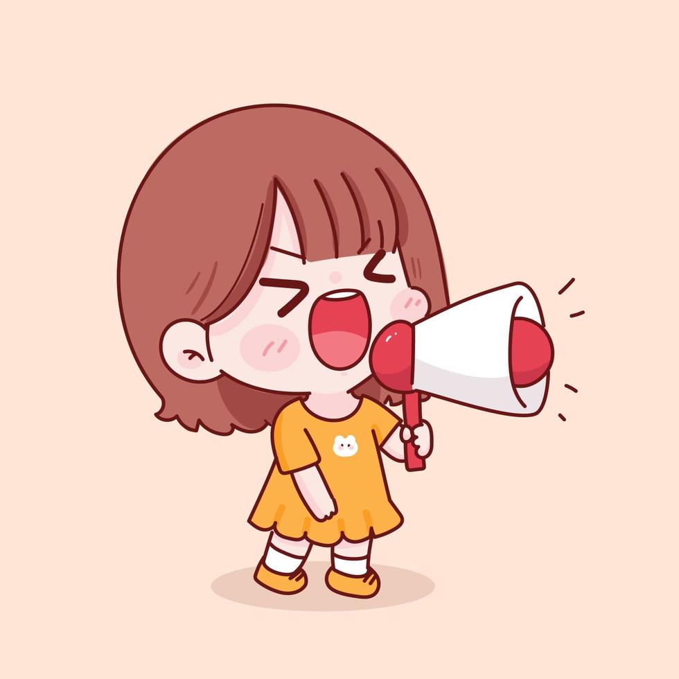 Cute kid girl holding megaphone hand drawn cartoon character illustration vector