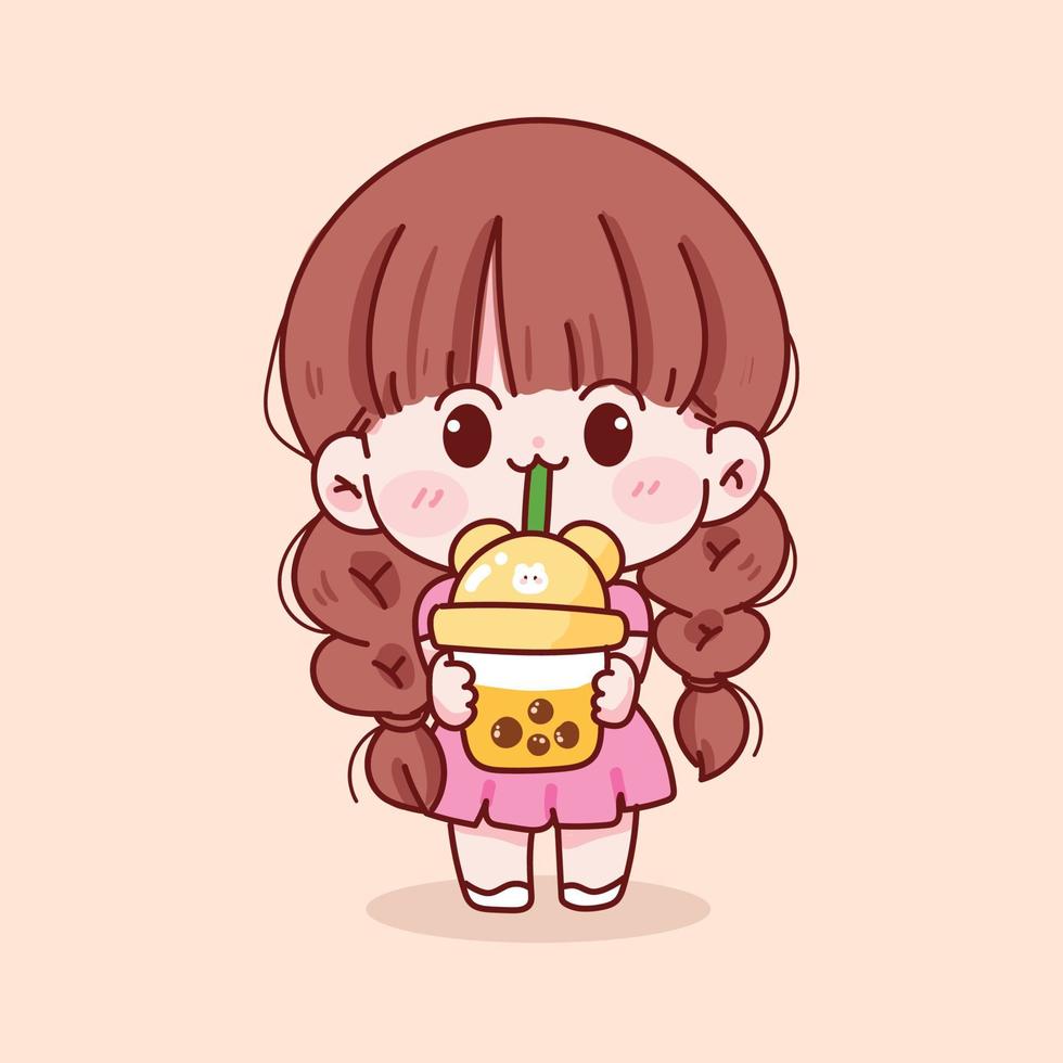 Cute kid girl holding bubble milk tea hand drawn cartoon character illustration vector