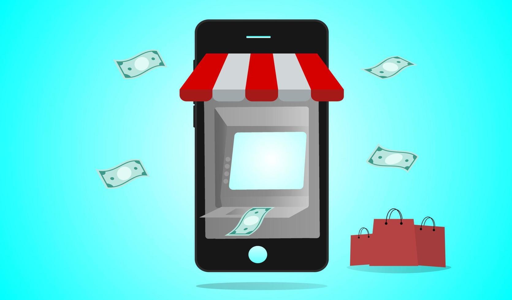 Mobile online banking and payment. Smart phone as ATM. Vector illustration.