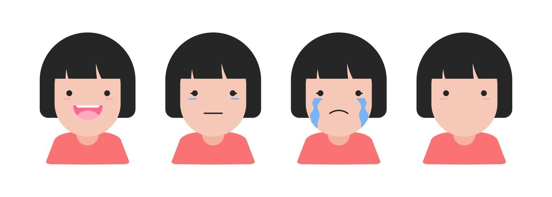 Set of emotions. Young cute girl shows different emotions. Sad, surprised, happy, laughing. Flat style on white background. Cartoon. Vector illustration