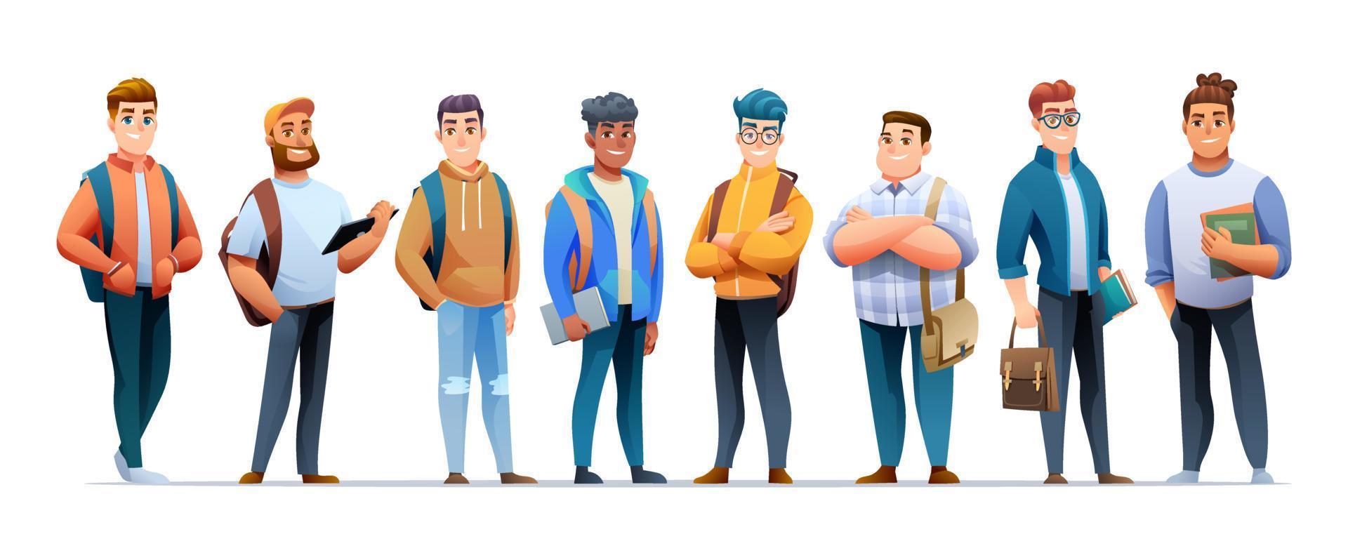 Set of young men student characters in cartoon style vector