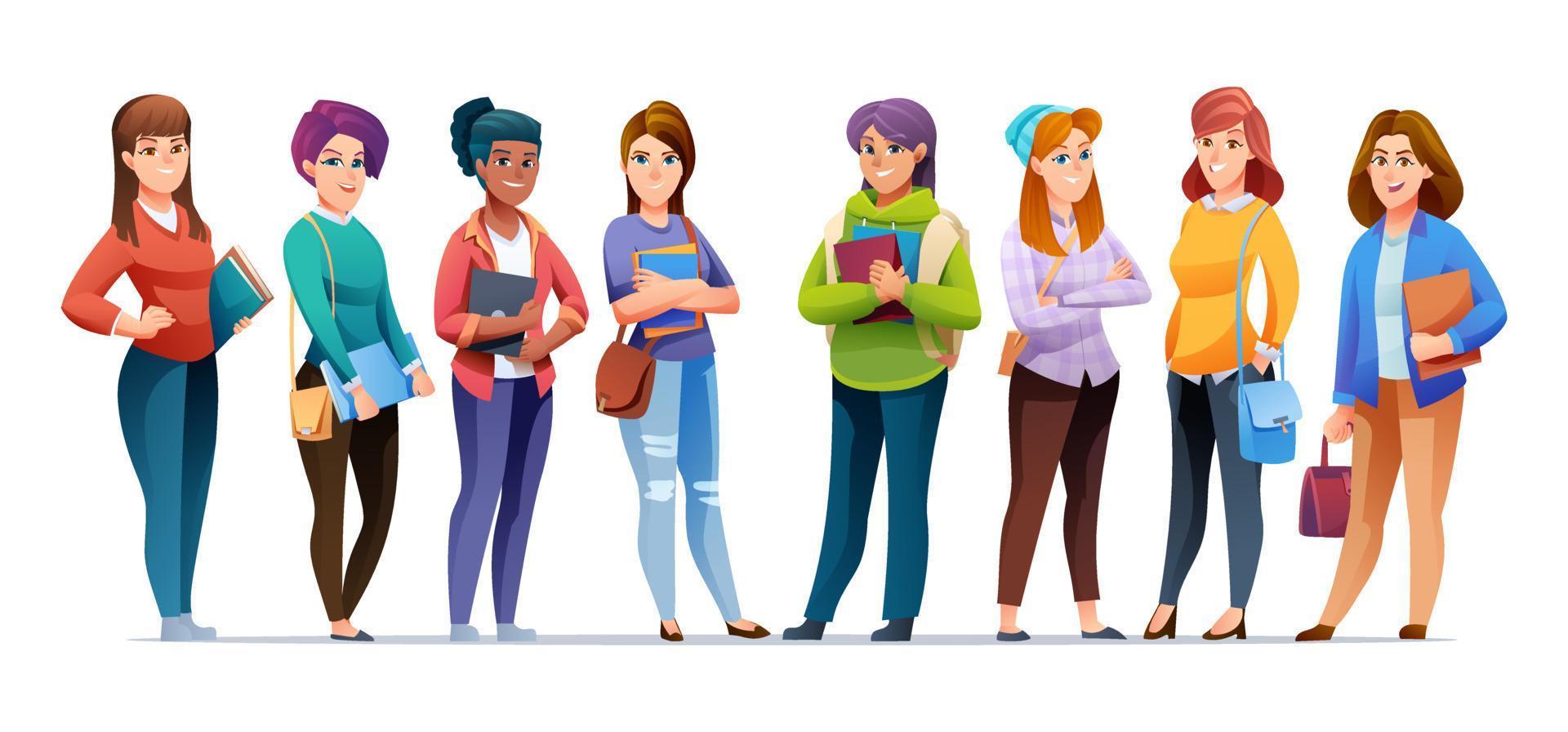 conjunto de personajes de estudiantes de mujeres jóvenes en estilo de dibujos animados vector