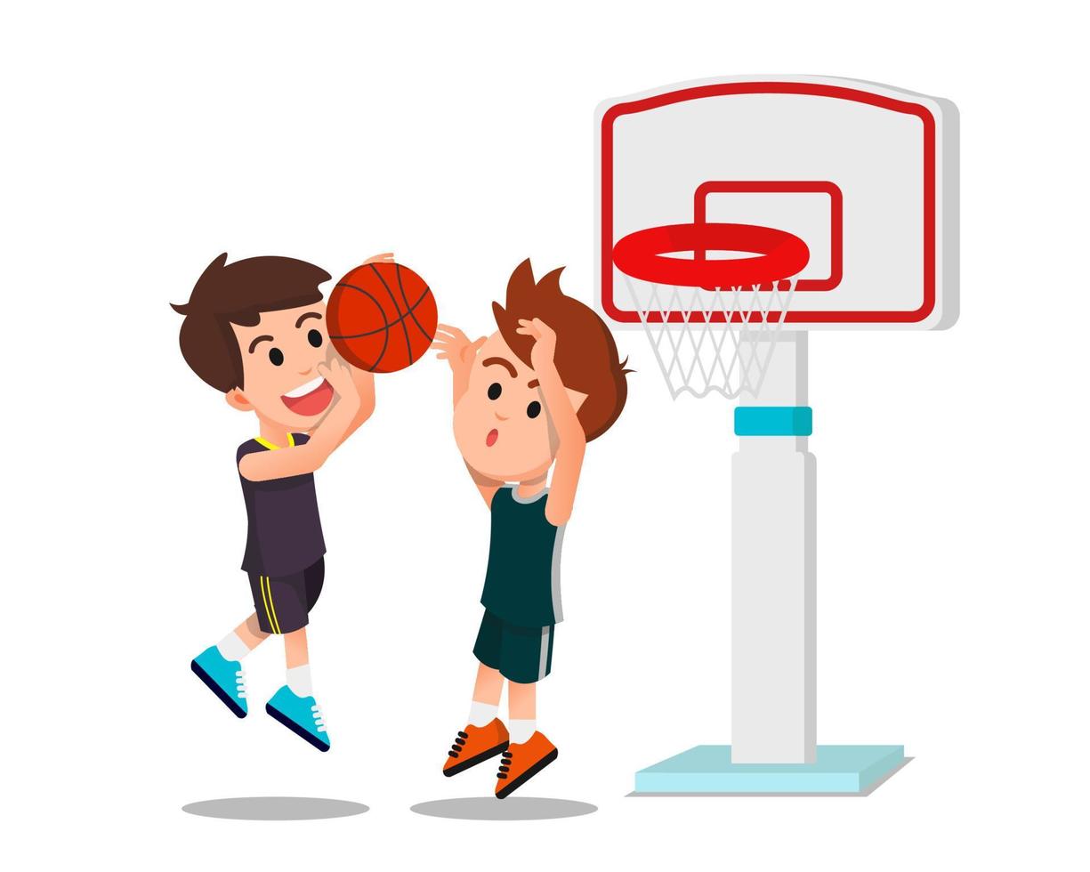 dos niños jugando baloncesto haciendo tiros y bloqueos vector