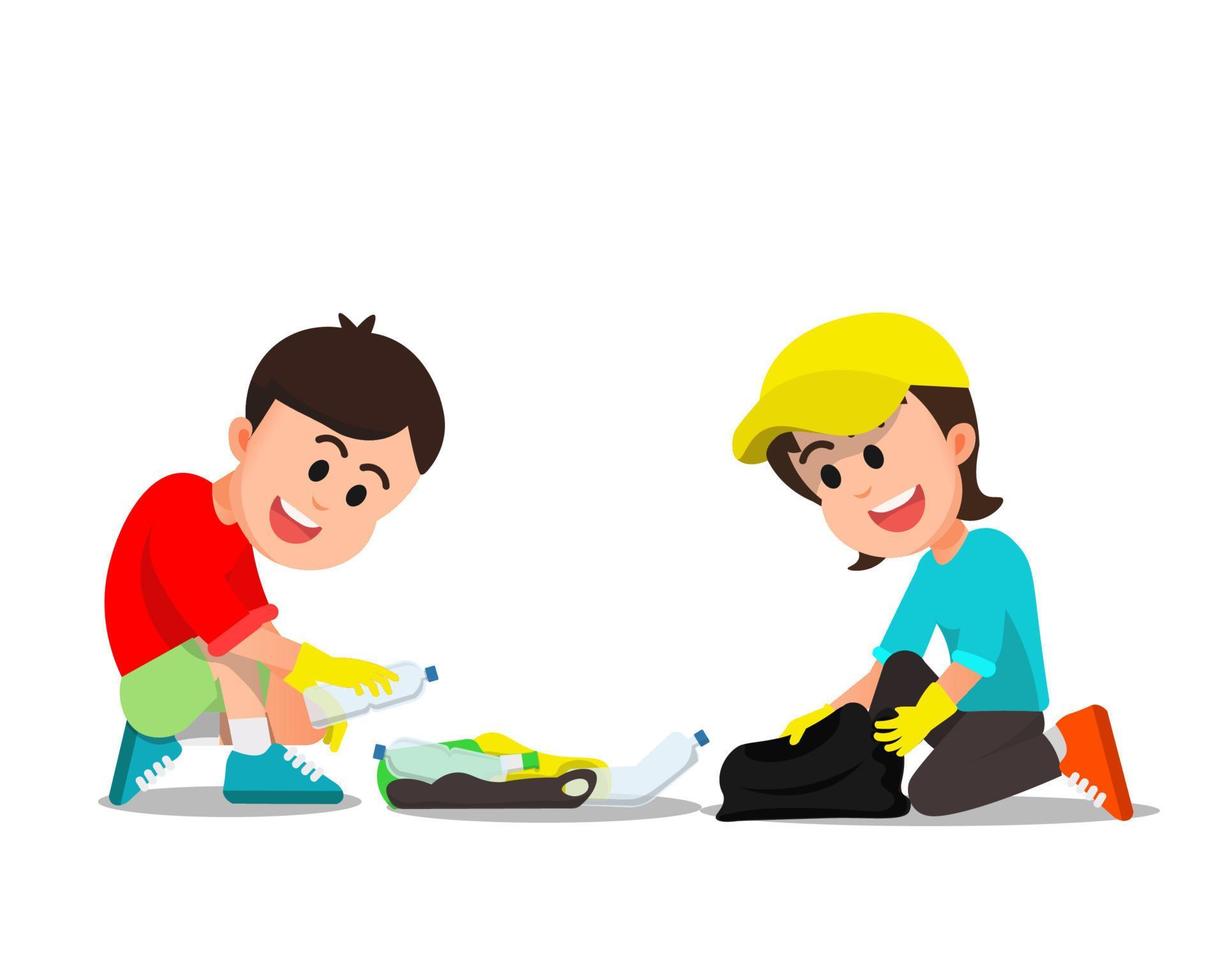 two children are cleaning up the garbage scattered on the ground vector