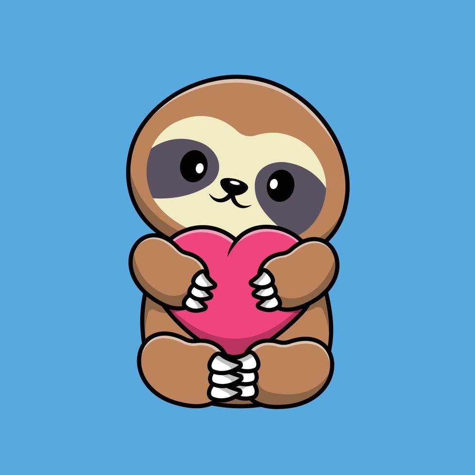 Cute Sloth Hug Heart Love Cartoon Vector Icon Illustration. Animal Holiday Icon Concept Isolated Premium Vector.