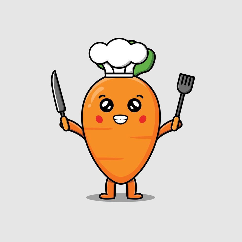 chef de zanahoria de dibujos animados lindo con cuchillo y tenedor vector
